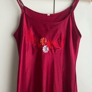 RED FLORAL SATIN SLIP ON DRESS